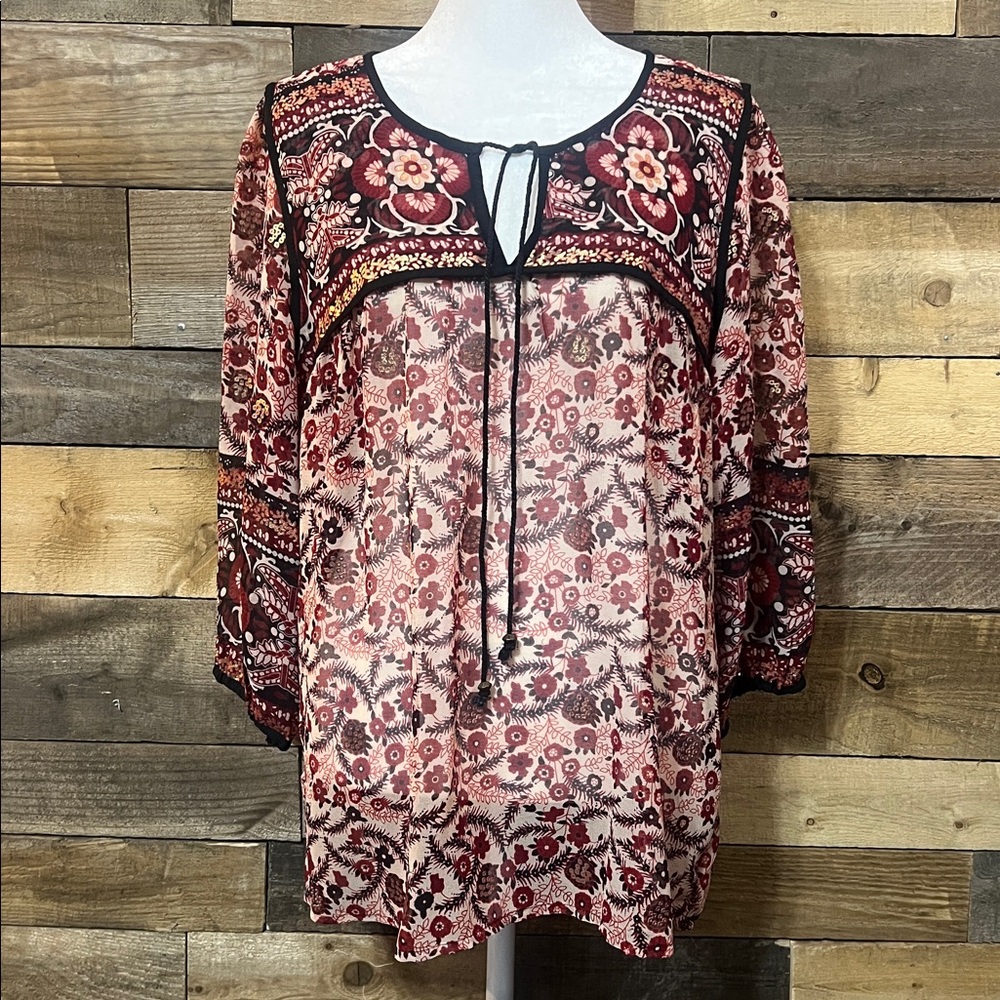 CB Established 1962, Womens Brown Bohemian Print Blouse Size Medium Front Tie